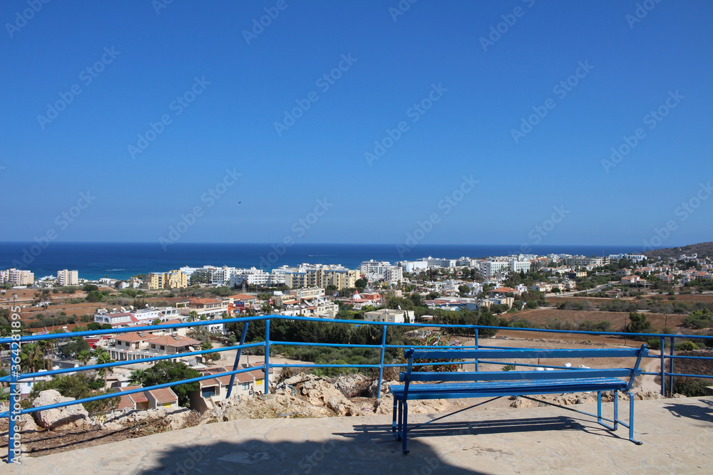 A bench on the observation deck next to the Church of St. Elijah in Protaras. Cyprus.