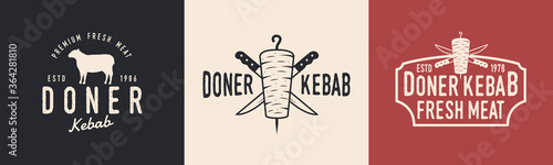 Doner Kebab hipster logo set. Logo for Kebab, restaurant with kebab and knives. Typography restaurant. Vector logo, sticker, poster template for meat store, restaurant, kebab cafe.