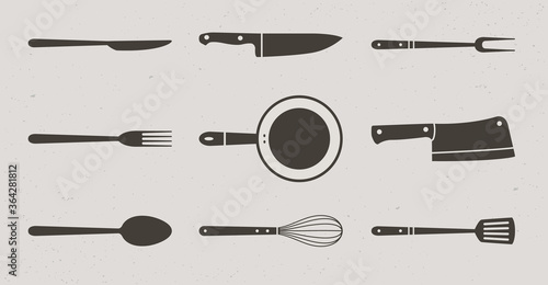 9 Restaurant and Kitchen elements icons. Butcher knives, grill fork and spatula, spoon, fork and knife, meat knife, cleaver, chef, bbq fork, frying pan, whisk. Vector Illustration