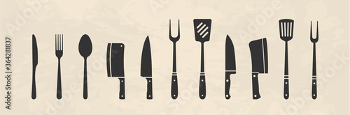 Set of kitchen and cooking tools. Restaurant, BBQ, Meat knives icons. Vintage design elements for logo, poster, emblem. Vector illustration