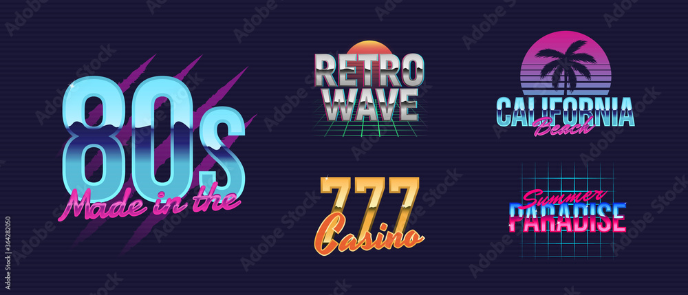 Vector set of signs and logos in Retrowave style. 80s logo design. Print  for t-shirt, banner, poster, cover, badge and label. Retro 80's typography  design. Stock Vector | Adobe Stock
