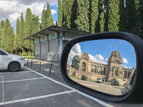 The cemetery of Bergamo reflected in the rearview mirror photo