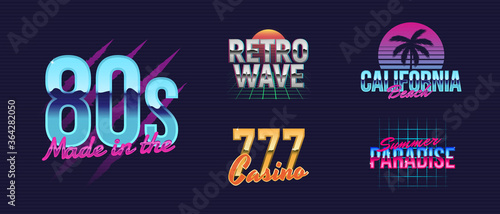 Vector set of signs and logos in Retrowave style. 80s logo design. Print for t-shirt, banner, poster, cover, badge and label. Retro 80's typography design.