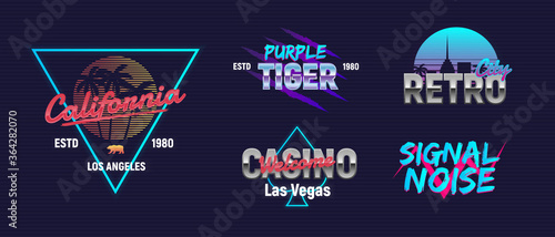 Vector retro neon logo set. Neon logo designs. 5 retro 80's logos set. Retro prints for T-shirt, typography.
