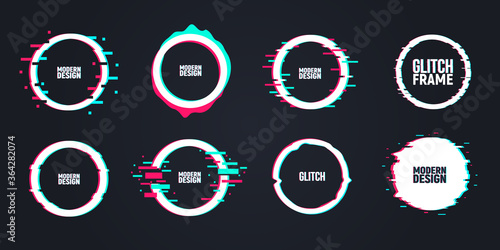 Circle glitch frames. Set of 8 circle glitch frames. TV noise effect. Modern trendy backgrounds for design banner, poster, cover.