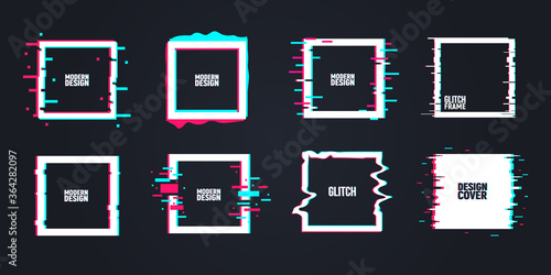 Vector set of square frames in distorted glitch style. Template of square frame with glitch effect. TV no signal noise effect. Modern trendy backgrounds for design banner, poster, cover.