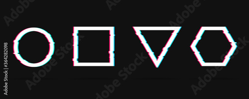 Vector geometric shapes frames with dynamic glitch effect. Easy to animate. Trendy  glitch elements. Circle, square, triangle and hexagon.