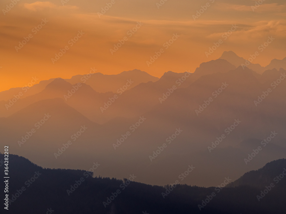 Morning view from the Kosuta ridge in Karavanke range alps before the sunrise, Slovenia