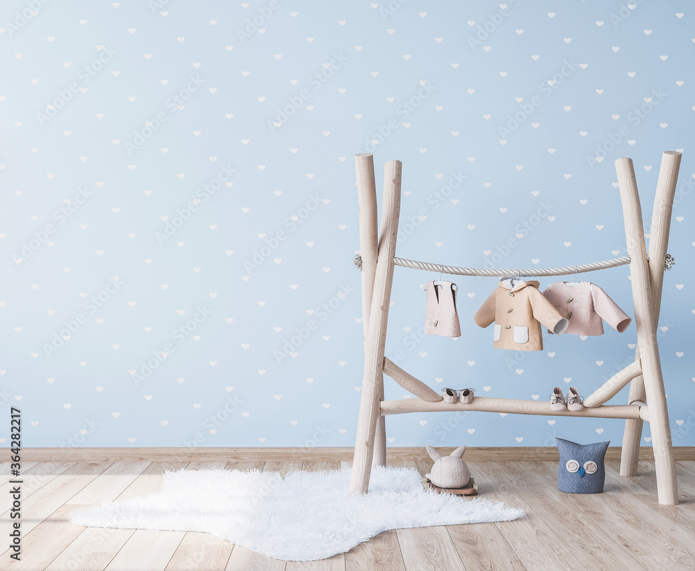 Cozy light blue nursery room with natural wooden furniture, cute blue wallpaper in kids room with toys and star shape rug, 3d render