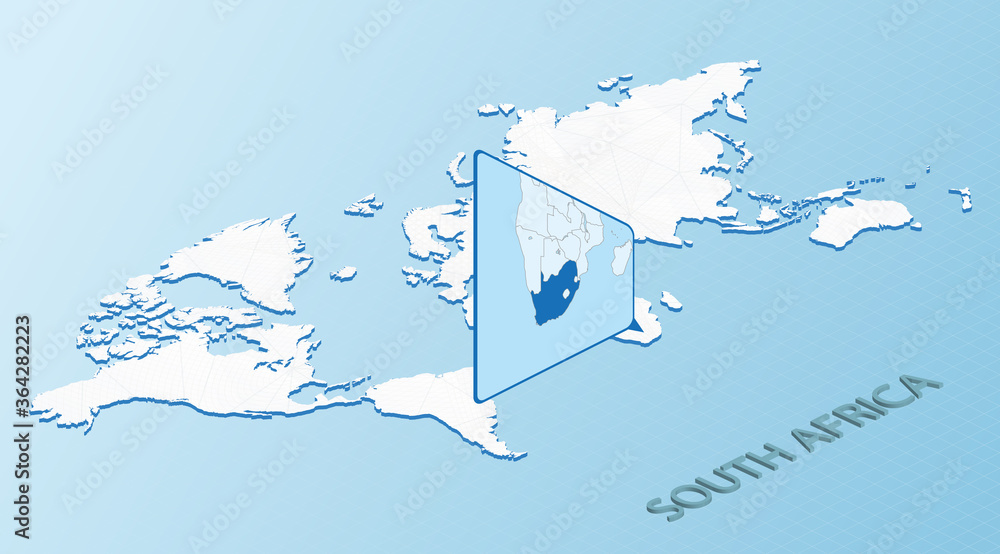 World Map in isometric style with detailed map of South Africa. Light