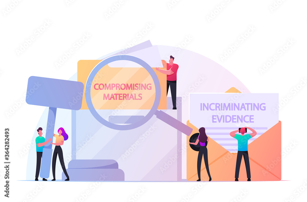 Compromising Material Concept. Tiny Male and Female Characters with Magnifying Glass and Wooden Gavel at Huge Envelope with Incriminating Evidence Information. Cartoon People Vector Illustration