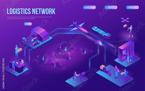 Logistics company landing page, process of delivering parcel, warehouse with trucks and boxes, smart technology concept, web site template, shipment by plane, car, maritime transport, by postal drone