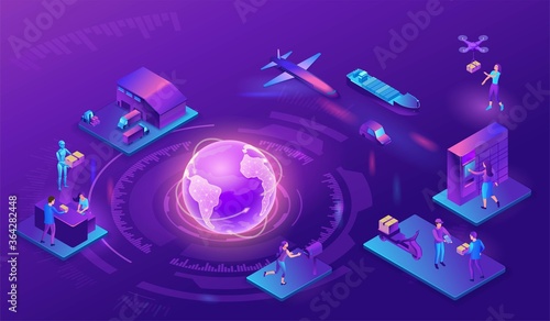Global delivery service illustration with a process of delivering parcel, warehouse with trucks and boxes, shipment by car, maritime transport, people receive goods by courier, drone, in packstation