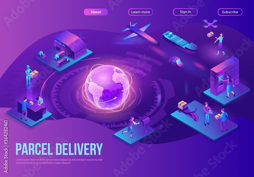 Global delivery service landing page, illustration with a process of delivering parcel, warehouse with trucks and boxes, shipment by car, maritime transport, people receive goods by courier, drone