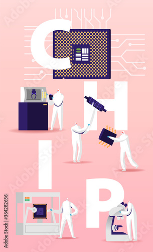 Manufacture of Chips Semiconductors Concept. Manufacturing Facility Team of Scientist Characters Set up Programs on Industrial 3D Printer Poster Banner Flyer. Cartoon People Vector Illustration