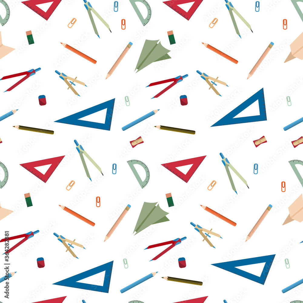 Vector seamless back to school template with various school supplies. Pattern with drawing tools on a white background. Compasses, protractor, square, sharpener, eraser, pencils in cartoon style. Vector seamless back to school template with various school supplies. Pattern with drawing tools on a white background. Compasses, protractor, square, sharpener, eraser, pencils in cartoon style.
