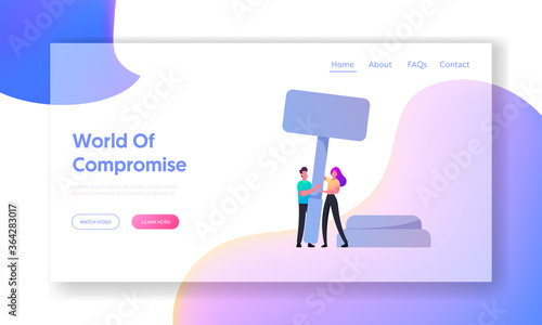 Tiny Characters Holding Huge Judge Gavel Landing Page Template. People Attorney or Lawyer in Court, Compromising Material, Auction, Tribunal and Justice, Judgement System. Cartoon Vector Illustration