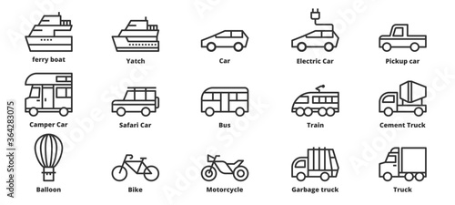 Transportation icons vector illustration , Car,  Motorcycle, Train,  Ferry boat,