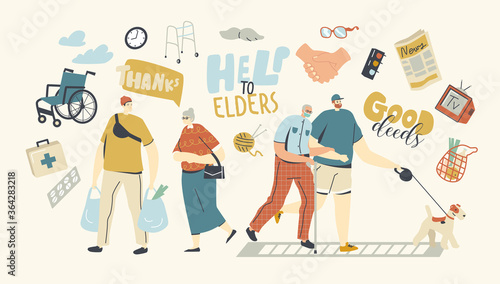 Young Characters Help Seniors. Old Man Hold Hand of Boy Walking with Dog Together. Teenager Carry Bags with Products for Aged Woman. Good Deals for Helpless Elderly People. Linear Vector Illustration