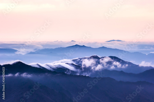 Beautiful sea of clouds at dawn on the top of the mountain.