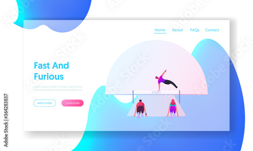 Leadership, Sport Challenge, Sprint on Stadium, Chase Landing Page Template. Business People or Sportsmen Characters Running with Obstacles Competition, Jump over Barrier. Cartoon Vector Illustration