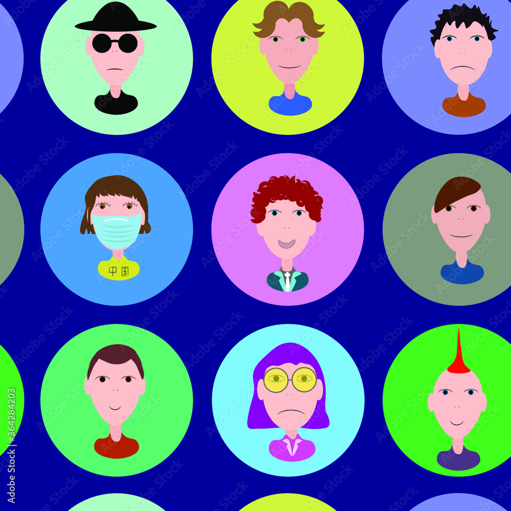 Seamless pattern of avatars for girls and boys. Icons set of boys and girls faces on a dark background Seamless pattern of avatars for girls and boys. Icons set of boys and girls faces on a dark background