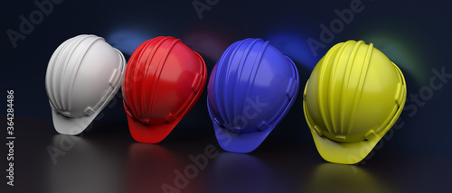 Hard hats various colors on gray wall background. 3d illustration