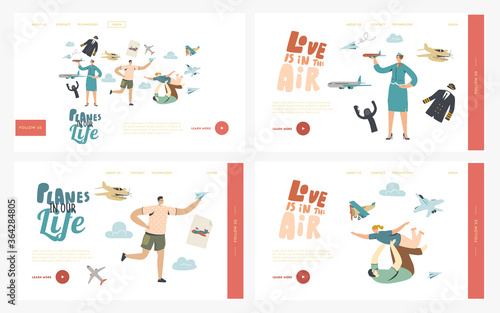 Planes Landing Page Template Set. Male Character Run with Paper Airplane in Hand. Adult Man Playing with Child, Stewardess, Flight Attendant, Air Hostess in Uniform. Linear People Vector Illustration