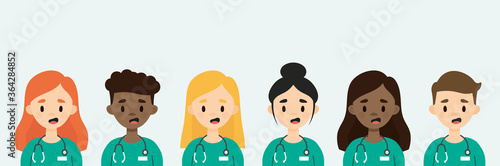 Group of doctors/nurses wearing stethoscopes. Medical team with male and female doctors. Medical staff characters.