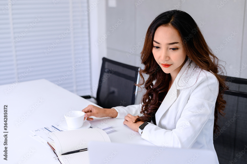 Portrait of a attractive young businesswoman working on a laptop in her workstation Portrait of a attractive young businesswoman working on a laptop in her workstation