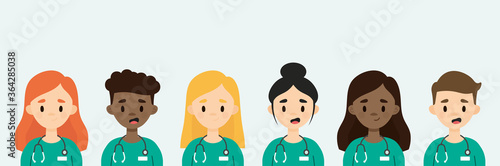 Group of doctors/nurses wearing stethoscopes. Medical team with male and female doctors. Medical staff characters.