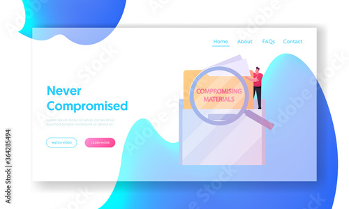 Compromising Material Landing Page Template. Tiny Male Character with Magnifying Glass Take Folder with Incriminating Evidence from Huge Envelope. Secret Information Crime. Cartoon Vector Illustration