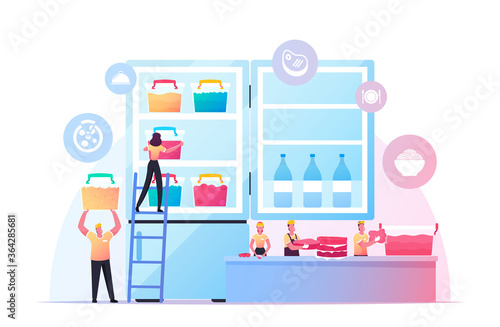 Tiny People Put Semifinished Products in Huge Refrigerator. Restaurant Chef Characters in Uniform Cooking Natural Fresh Meals Vegetables and Meat for Freezing, Frozen Food. Cartoon Vector Illustration