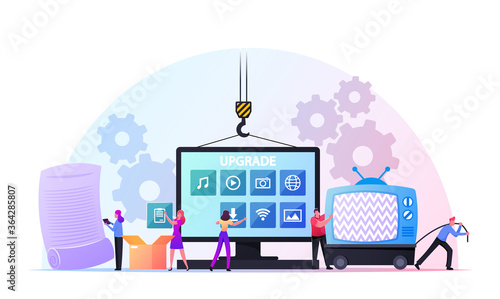 Program Upgrading Concept. Tiny Male and Female Characters at Huge Computer Monitor with App Buttons Upgrade Applications and Software, Throw Old Tv on Dump. Cartoon People Vector Illustration