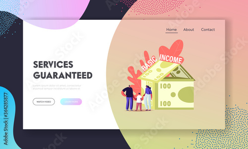 Property Insurance, Universal Basic Income Landing Page Template. Family Characters at Cottage Made of Money Bills. Mother, Father and Little Baby Holding Hands. Cartoon People Vector Illustration