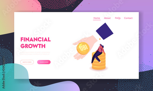 Universal Basic Income Landing Page Template. Tiny Woman Sit on Stack of Gold Coins, Huge Hand Giving UBI Coin. Female Character Get Money Cash, Financial Profit or Salary. Cartoon Vector Illustration