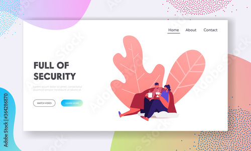 Security, Home Comfort Landing Page Template. Loving Couple Sitting on Floor under Blanket Drinking Tea. Characters Together on Weekend Evening, Family Sparetime. Cartoon People Vector Illustration