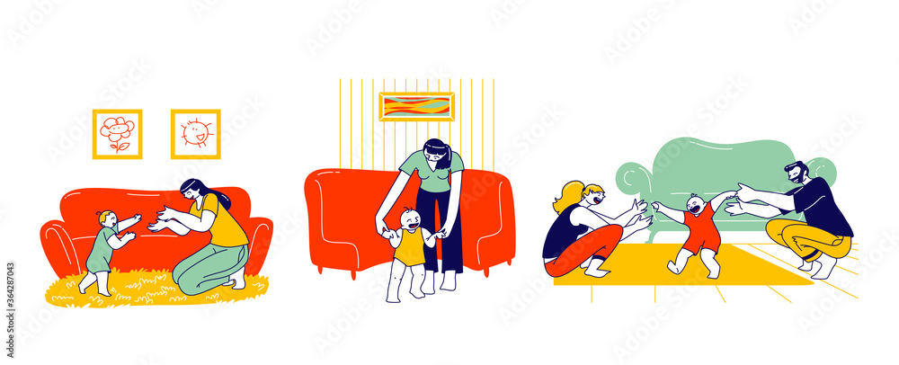 Baby First Step Concept. Mother and Father Characters Help to Child Walking. Parents Catching Little Son or Daughter Sitting on Floor. Mom Holding Kids Hands to Walk. Linear People Vector Illustration Baby First Step Concept. Mother and Father Characters Help to Child Walking. Parents Catching Little Son or Daughter Sitting on Floor. Mom Holding Kids Hands to Walk. Linear People Vector Illustration