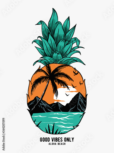 Pineapple Sunrise Aloha tropical island, Hawaii beach sunset vector illustration. For t-shirt prints, posters and other uses.
