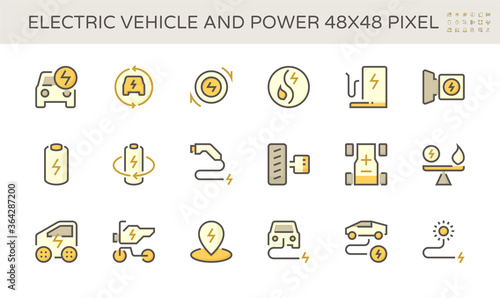 Electric vehicle and power energy vector icon set design, 48x48 pixel perfect and editable stroke.