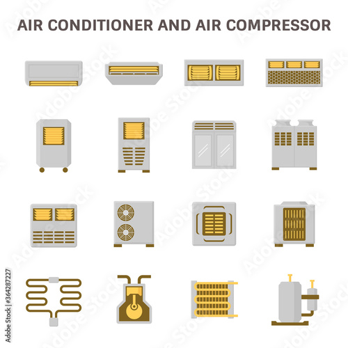 Air conditioner and air compressor part of hvac system vector icon set design.