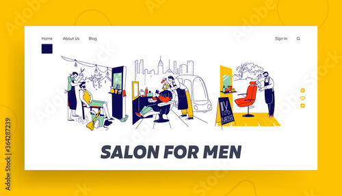 Male Characters at Street Barber Landing Page Template. Beauty Service Stylist Cut Client Hair or Beard in Outdoor Barbershop, People in Gentlemanly Haircutting Salon. Linear Vector Illustration