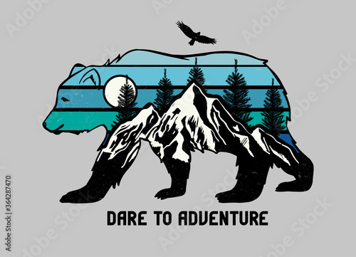 Vector illustration of a walking bear with a mountains landscape. 