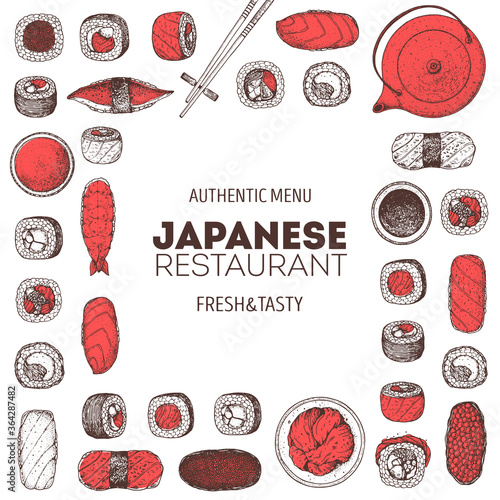 Sushi menu, sushi bar hand drawn design. Japanese food. Hand drawn doodle set with sushi. Vintage template with traditional asian food sketch.