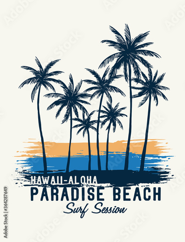 Hawaii Aloha theme palm trees with brush textures and texts. Vector illustrations for t-shirt prints, posters and other uses. 