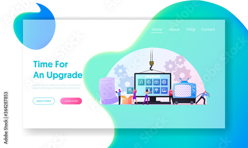 Program Upgrading Landing Page Template. Tiny Characters at Huge Computer Monitor with App Buttons Upgrade Applications and Software, Throw Old Tv on Dump. Cartoon People Vector Illustration
