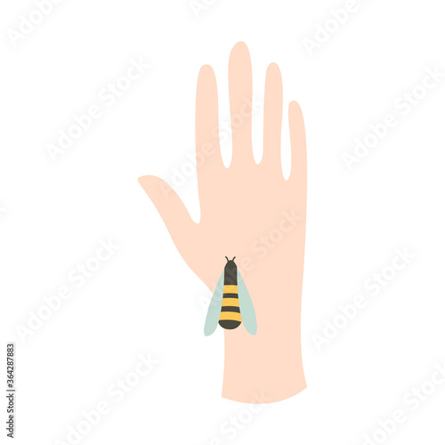Apitherapy. Alternative holistic medicine. Treatment with bee stings. Hand with bee. Vector flat illustration