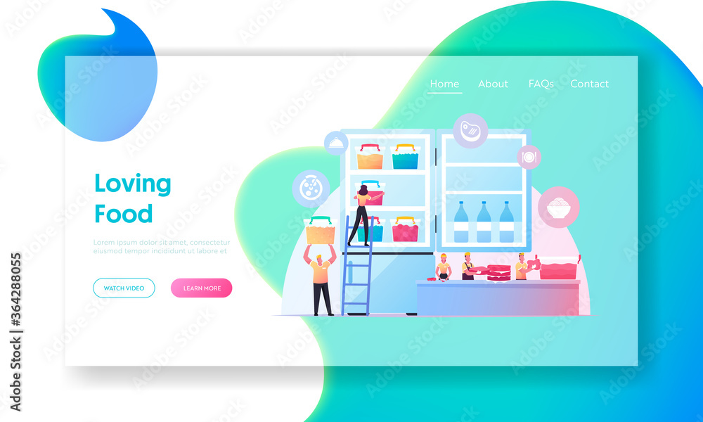 Semifinished Products Landing Page Template. Tiny People Put Frozen Food in Huge Refrigerator. Chef Characters Cooking Natural Fresh Meals Vegetables and Meat for Freezing, Cartoon Vector Illustration
