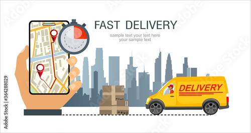 Logistics and Fast delivery of package service service landing page template.City Fast delivery. Courier on truck, stopwatch and hand with phone, order tracking. Fast Delivery concept. Vector.