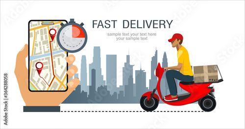 Logistics and Fast delivery of package service service landing page template.City Fast delivery. Courier on scooter, stopwatch and hand with phone, order tracking. Fast Delivery concept. Vector.